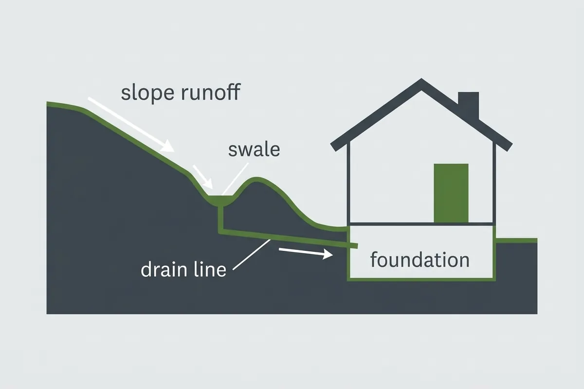 Diagram: a hillside pad cut into slope on one side and built on engineered fill on the other