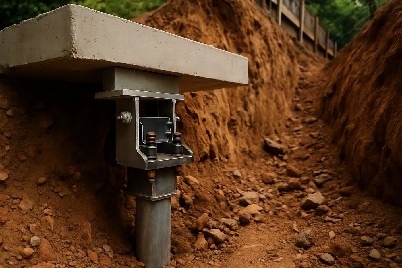 Pier bracket installed under a footing on the downhill side of a benched hillside pad